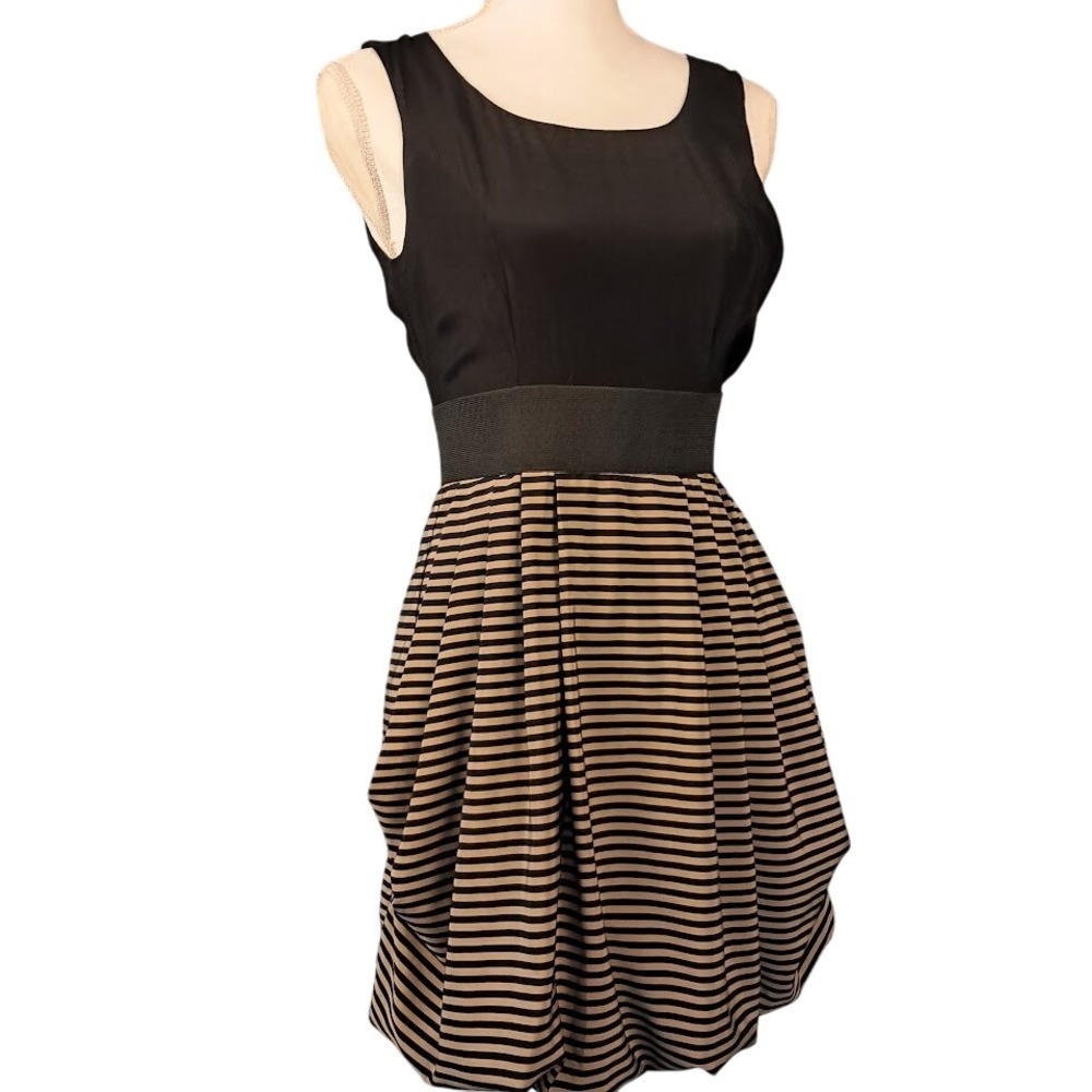 H&M 4‎ Black & Beige Striped Sleeveless Bubble Hem Party Mini Dress